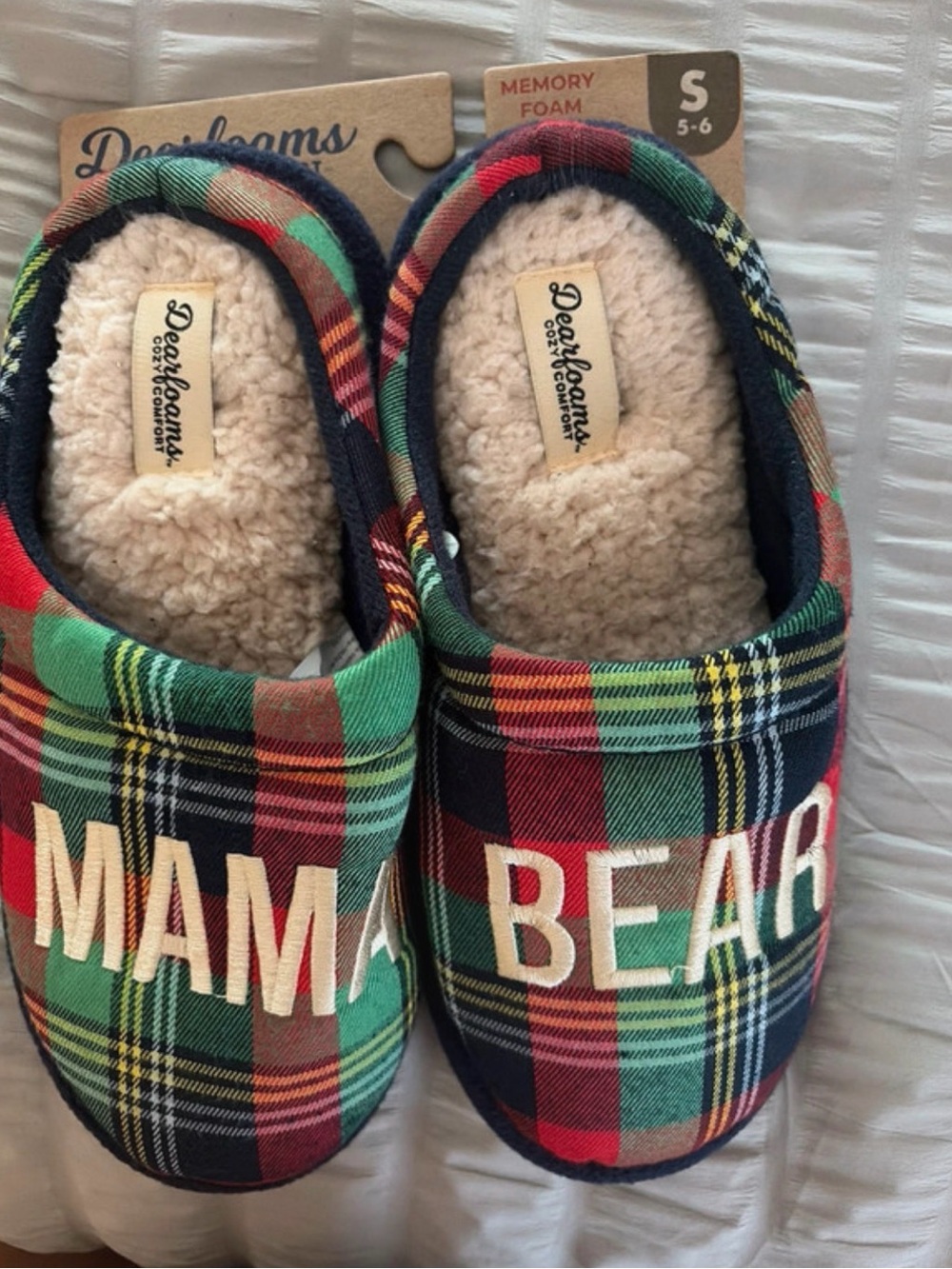 dearfoams Mama Bear Plaid Slippers in Red, Green, Navy plaid